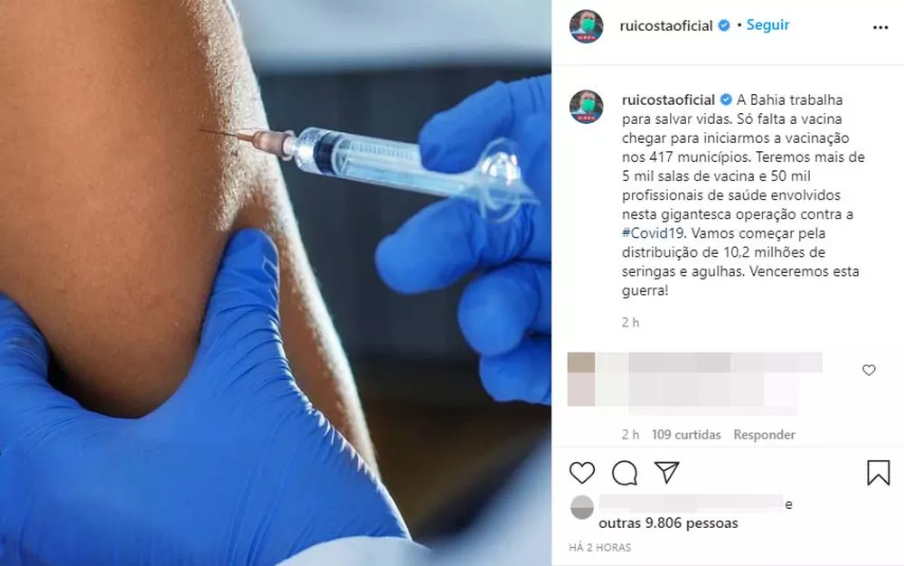 Rui Costa anuncia que Bahia terá 5 mil salas e mais de 50 mil profissionais de saúde na vacinação contra a Covid-19