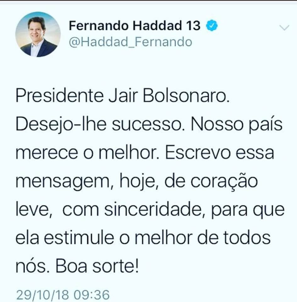 Haddad cumprimenta Bolsonaro pela vitória