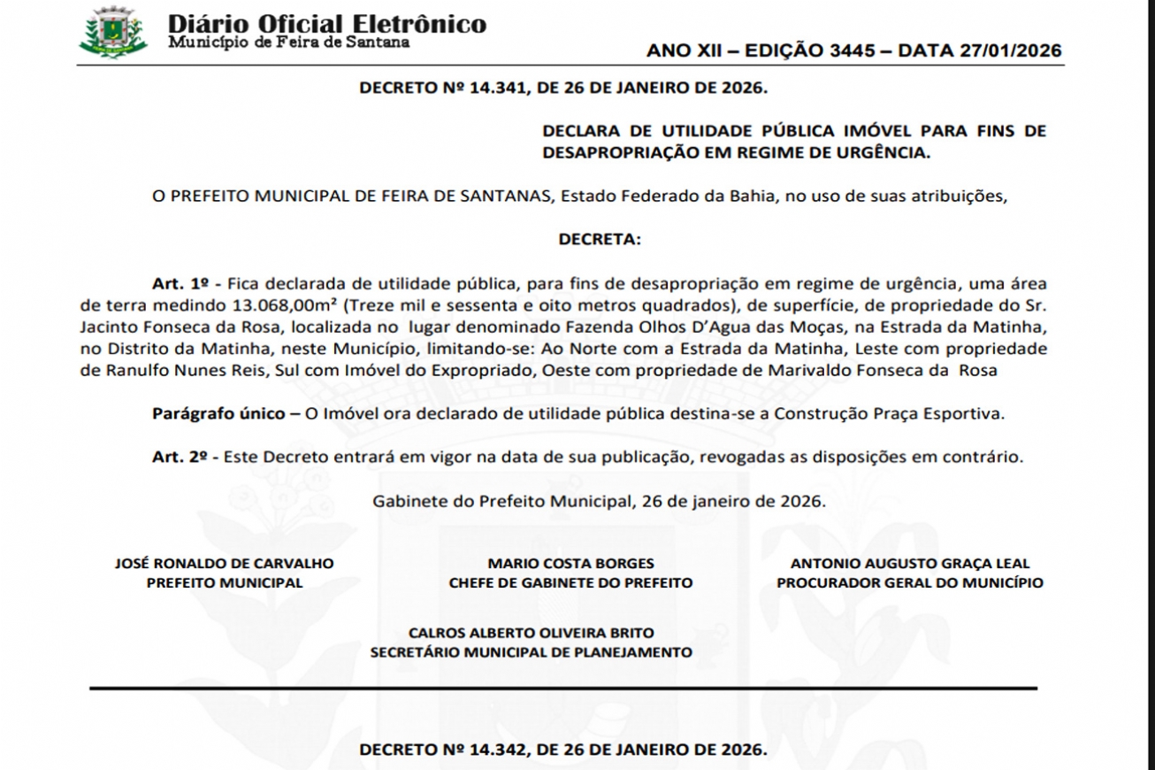 Prefeitura de Feira de Santana desapropria área para construção de praça esportiva na Matinha